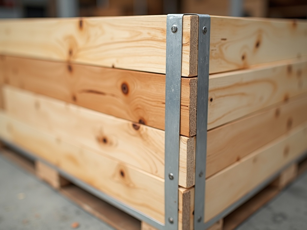 Close-up of an ISPM-15 treated timber export crate corner with strapping and moisture barrier