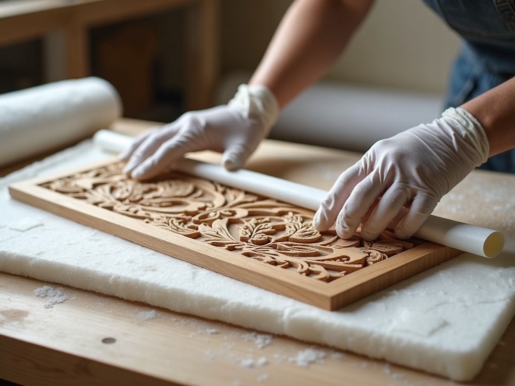 Gloved hands wrapping a carved Balinese art panel in protective glassine before crating