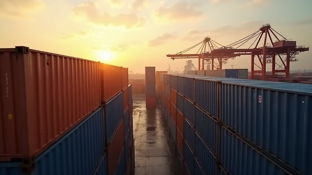 Shipping containers staged at an Indonesian port at golden hour before export loading