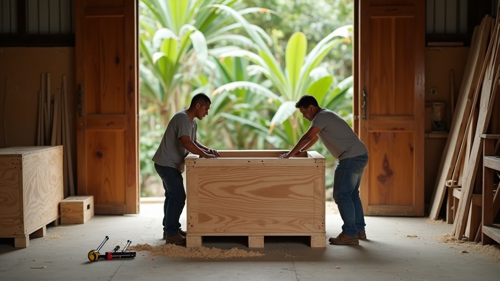 Craftsmen building an export crate around wrapped teak furniture in a Bali shipping workshop